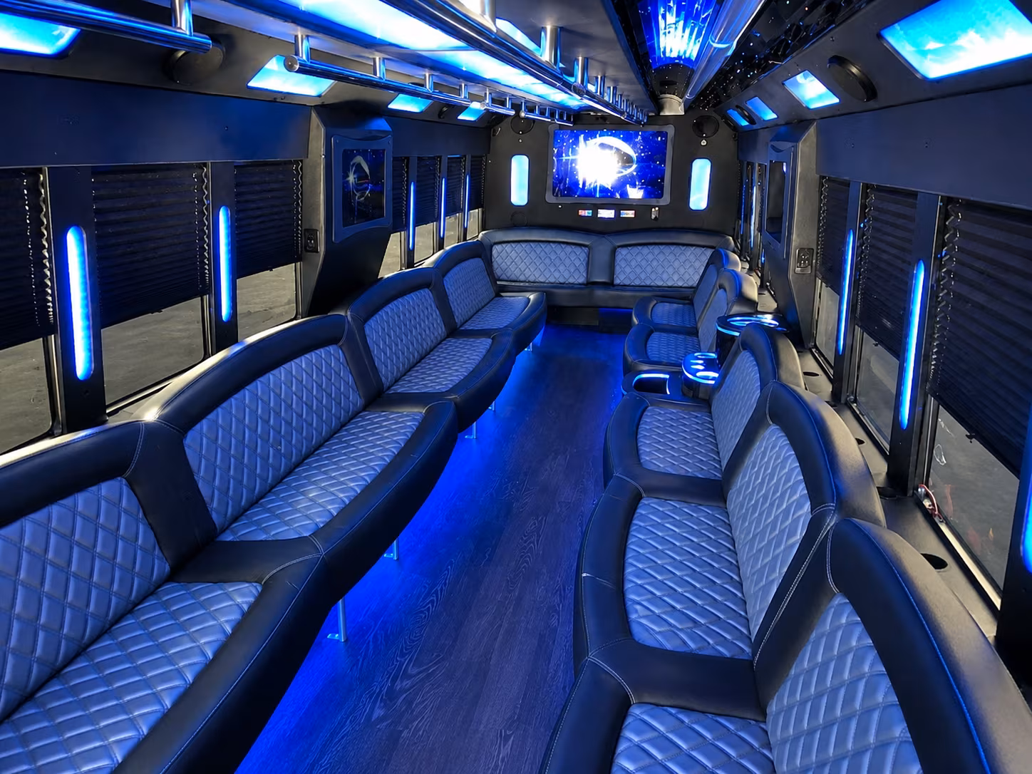 Interior of a party bus rental serving Orange