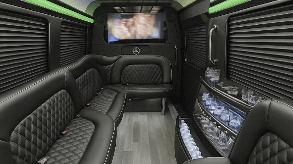 Interior of Charter Bus Company Irvine's 14 Passenger Sprinter Limousine in Irvine