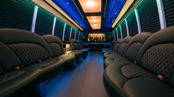 Interior of Charter Bus Company Fountain Valley's 50 Passenger Party Bus in Fountain Valley